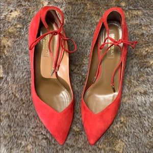 NEW Aquazzura Red Pointed Heels with Ankle Tie 37
